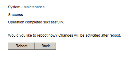 "Success" mit "Reboot"-Button