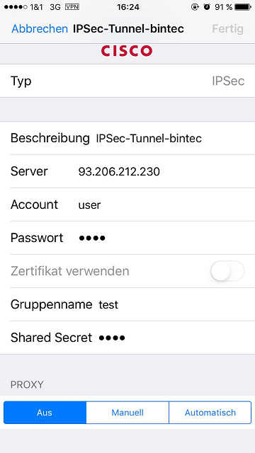 iPhone 7: Einstellungen der VPN-IPSec-Verbindung