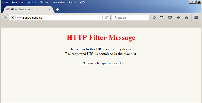 Browsermeldung für die Beispiel-URL der "Black List" des Proventia Web Filters (ISS/Cobion Content Filters)