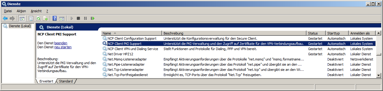 Dienste-Liste mit "NCP Client PKI Support"