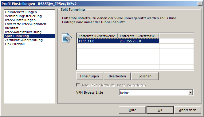 Menü "Split Tunneling" mit IP-Netz 11.11.11.0/24
